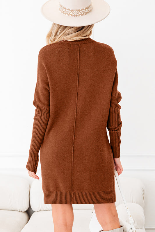 Ribbed High Neck Pocket Shift Knit Sweater Dress