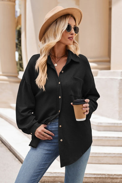 Waffle Knit Button Down Loose Fit Pocket Shirt Top