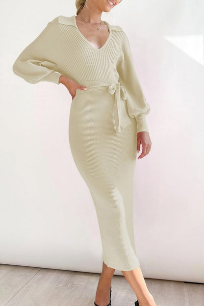 Elegant V Neck Lantern Sleeve Knit Belted Midi Sweater Dress