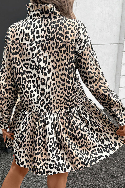 Leopard Print High Neck Long Sleeve Mini Dress