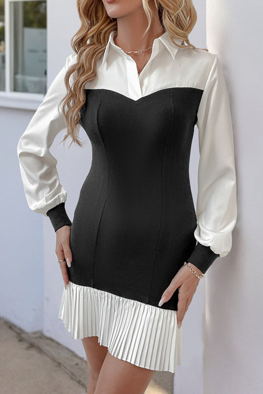 Colorblock Pleated Hem Contrast Shirt Dress Women