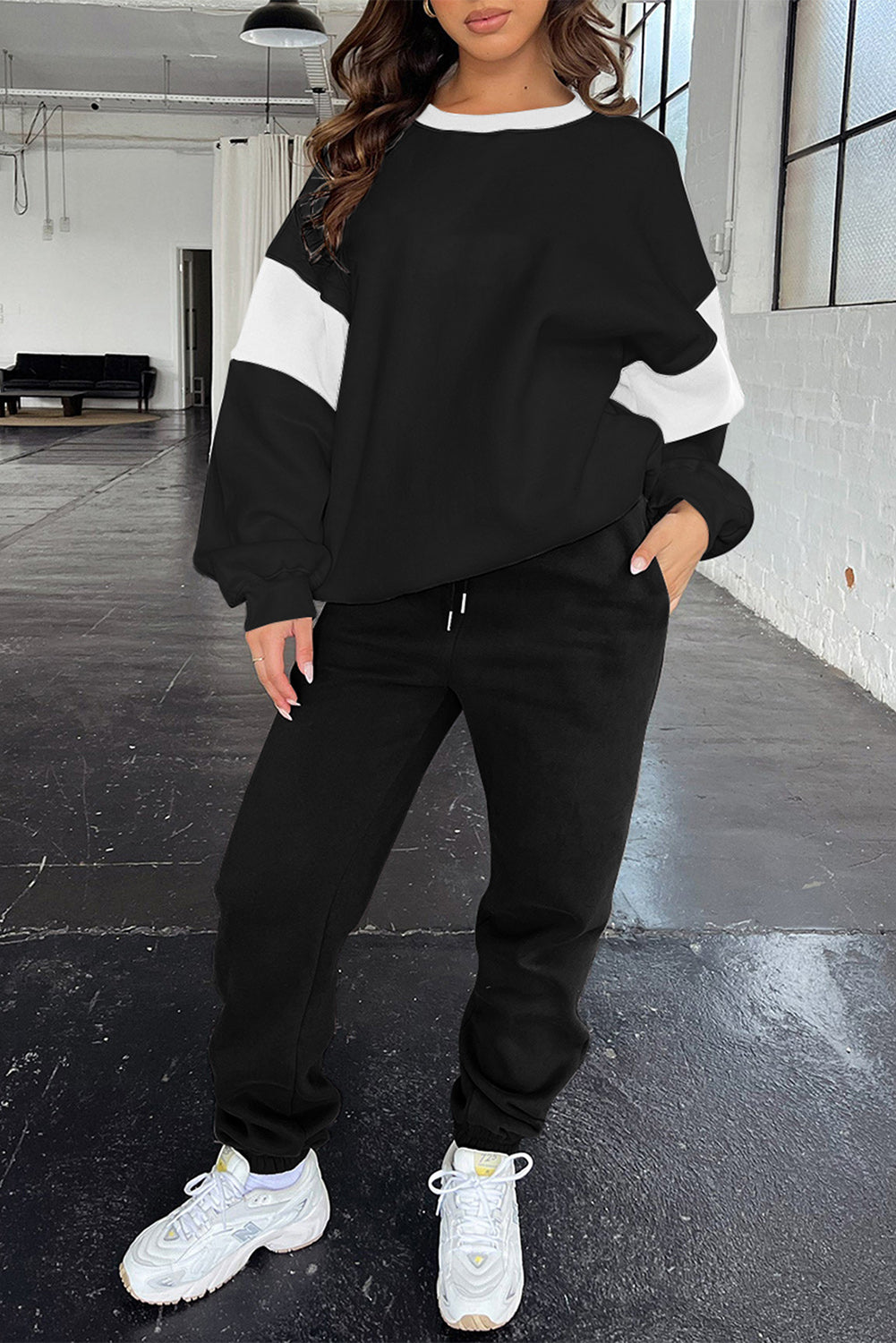 Drop Shoulder Color Block Sweatshirt Jogger Set