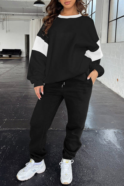 Drop Shoulder Color Block Sweatshirt Jogger Set