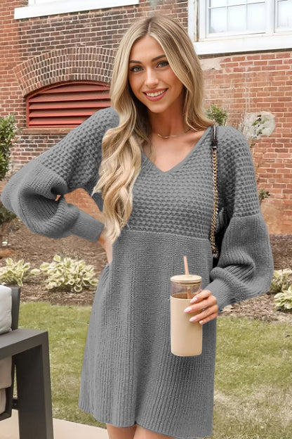 V Neck Long Sleeve Knit Sweater Dress with Balloon Sleeves