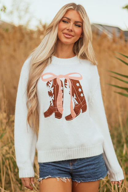 Western Boots Embroidered Bow Knit Sweater