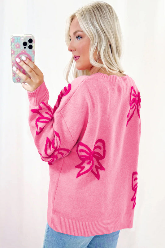 Bow Pattern Drop Shoulder Loose Knit Sweater