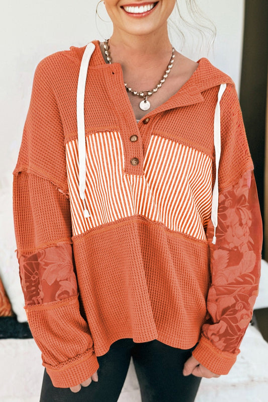 Waffle Patchwork Stripe Print Hooded Long Sleeve Top