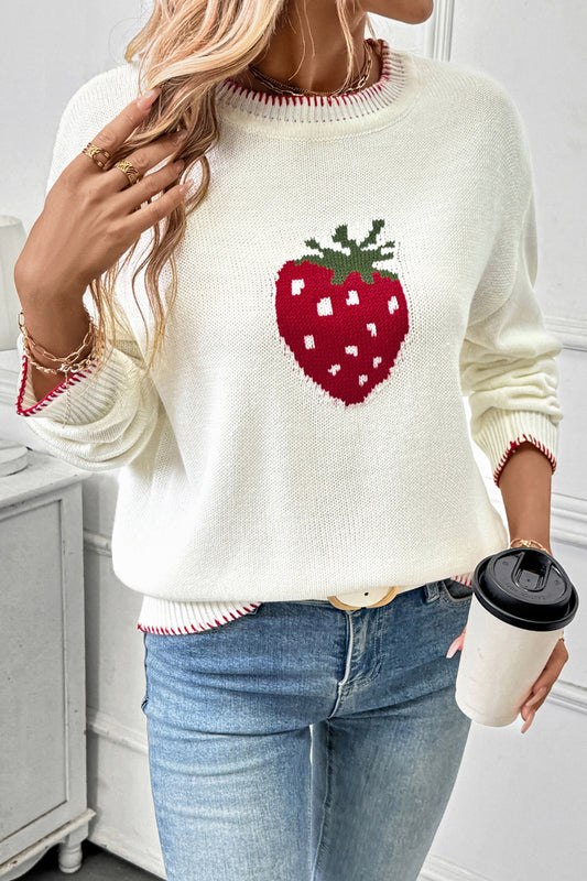 Strawberry Knit Pullover Sweater Casual Round Neck