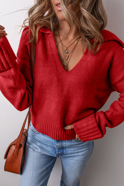 Collared V Neck Ribbed Edge Elegant Sweater