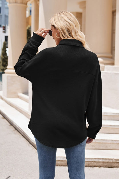 Waffle Knit Button Down Loose Fit Pocket Shirt Top