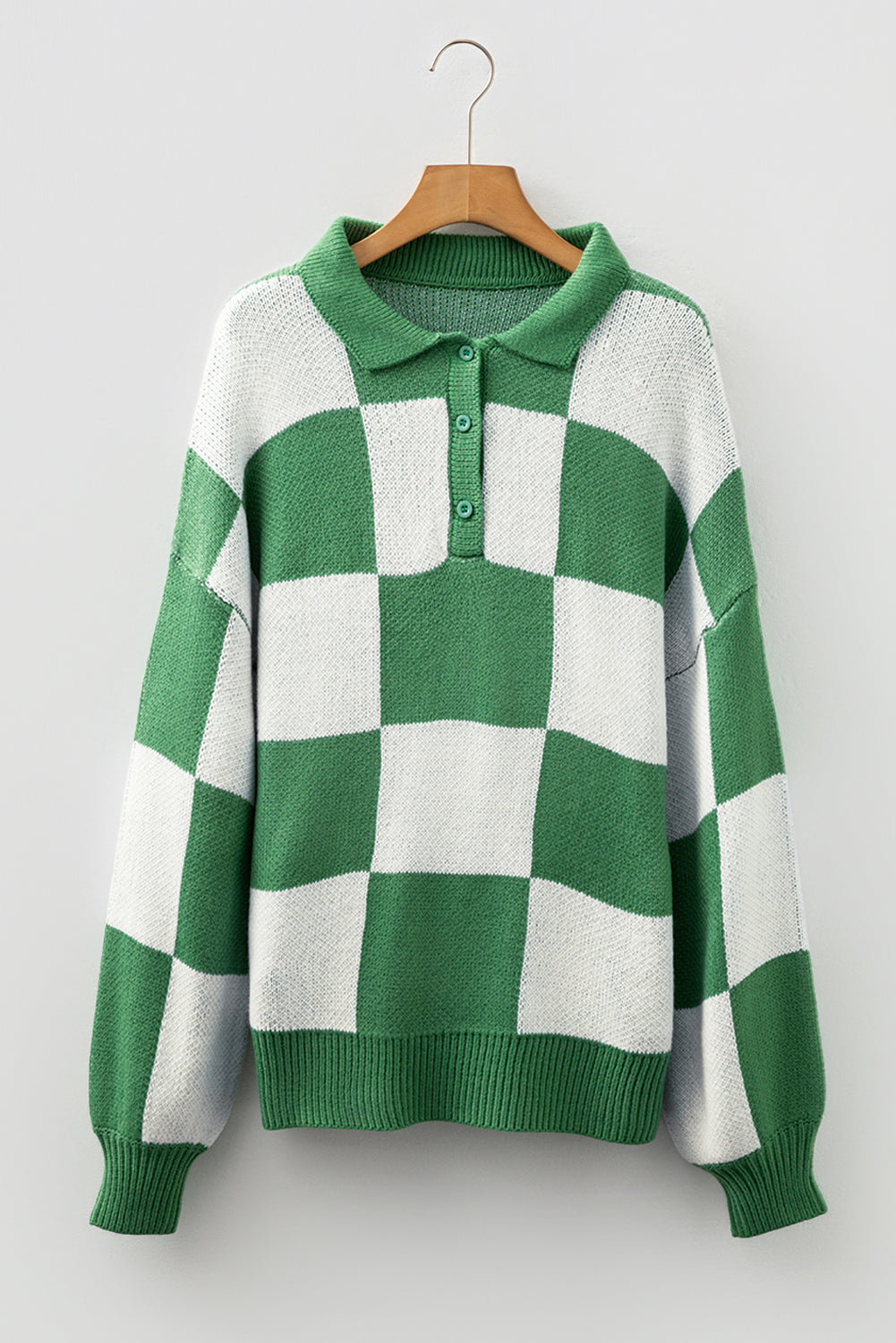 Checkered Pattern Polo Collar Loose Knit Sweater