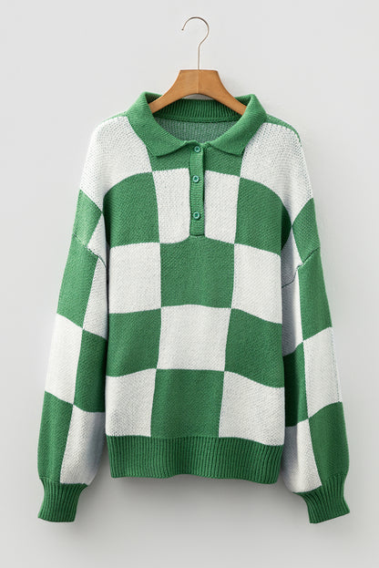 Checkered Pattern Polo Collar Loose Knit Sweater
