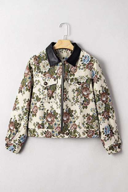 Floral Print Zip Up Contrast Collared Jacket
