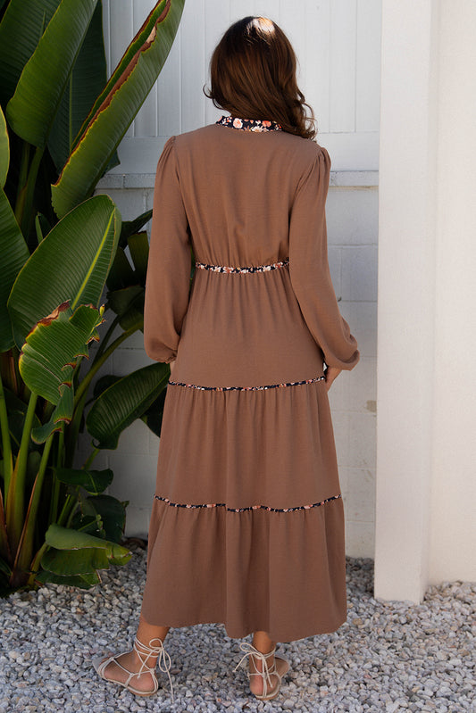 Chestnut Floral Patchwork Long Sleeve Maxi Dress