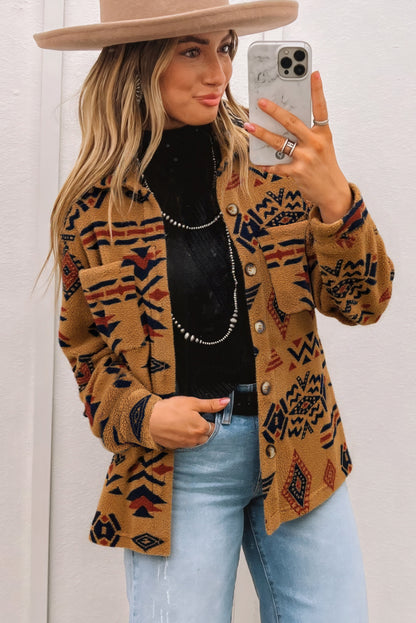 Khaki Western Aztec Pattern Fleece Shacket
