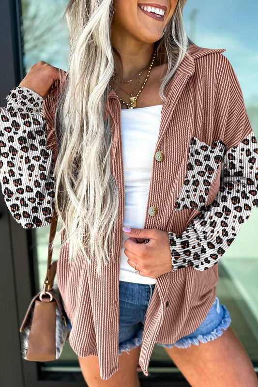 Dark Khaki Leopard Patchwork Ribbed Western Casual Shacket