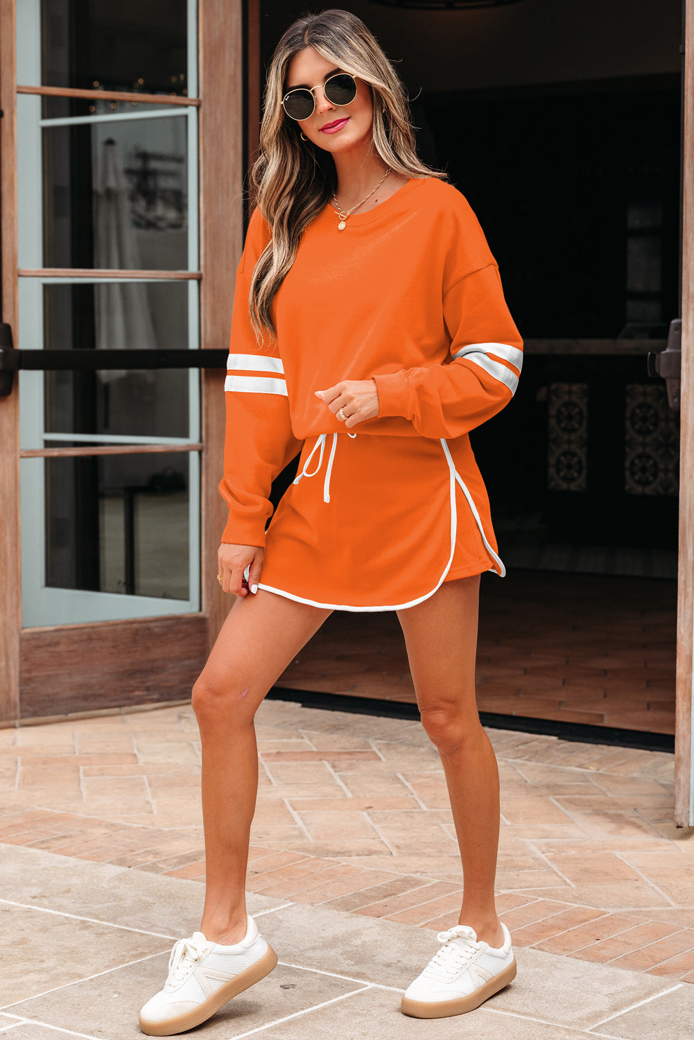 Varsity Stripe Pullover and Mini Skirt Two Piece Set