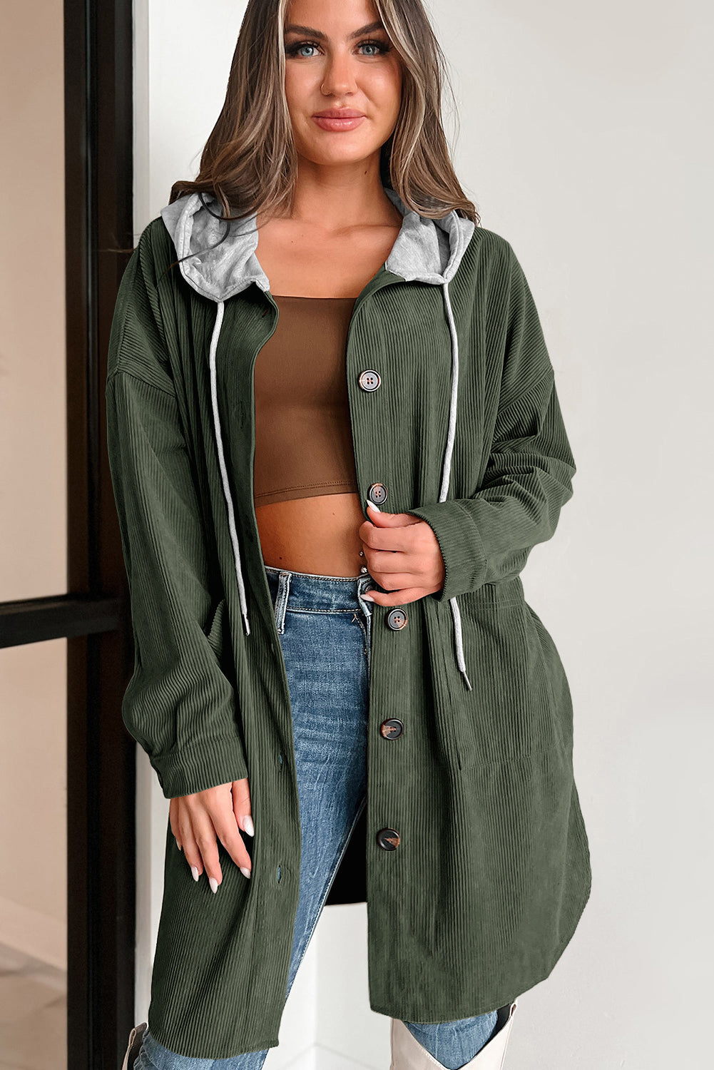 Jungle Green Corduroy Hooded Shacket for Fall