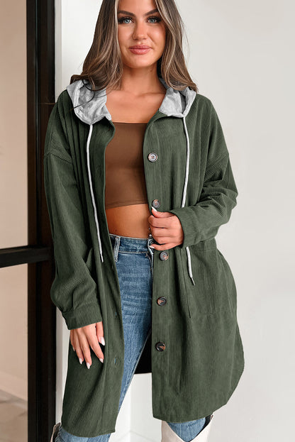 Jungle Green Corduroy Hooded Shacket for Fall