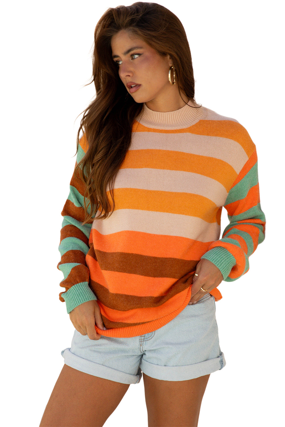 Stripe Color Block High Neck Drop Shoulder Cozy Sweater
