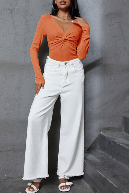 Textured Twist Front V Neck Long Sleeve Top