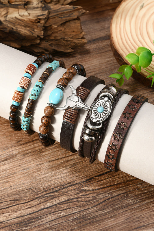 Chestnut Western Bull Skull Turquoise Beaded Bracelet Set