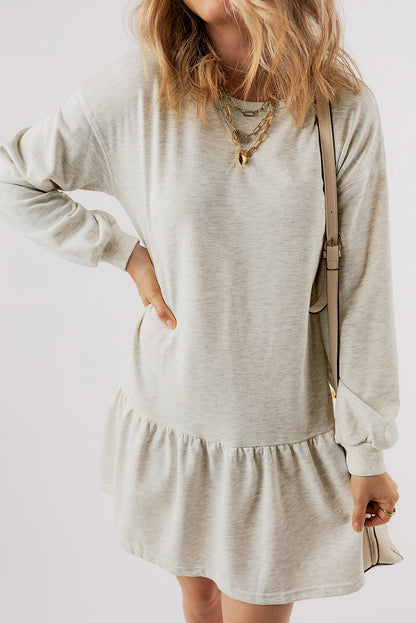 White Solid Color Puff Sleeve Ruffle Hem Dress