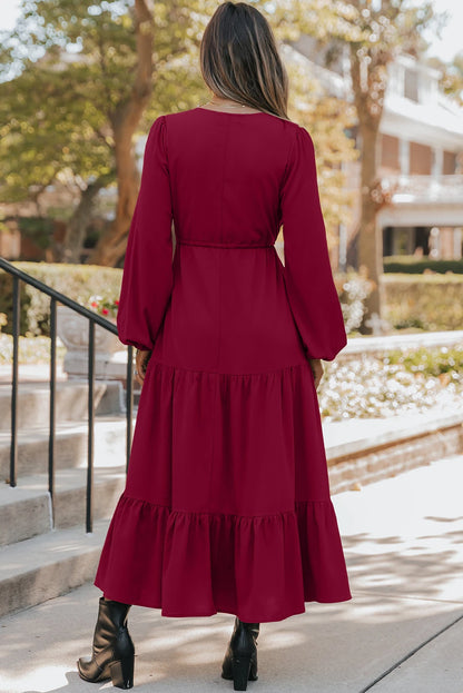 Solid Long Sleeve Button V Neck Tiered Maxi Dress