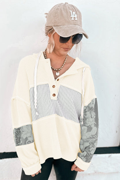 Waffle Patchwork Stripe Print Hooded Long Sleeve Top