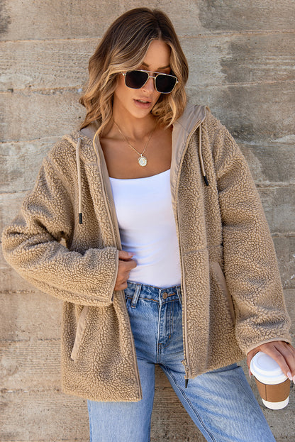 Pale Khaki Fleece Zip-Up Hooded Jacket with Drawstring
