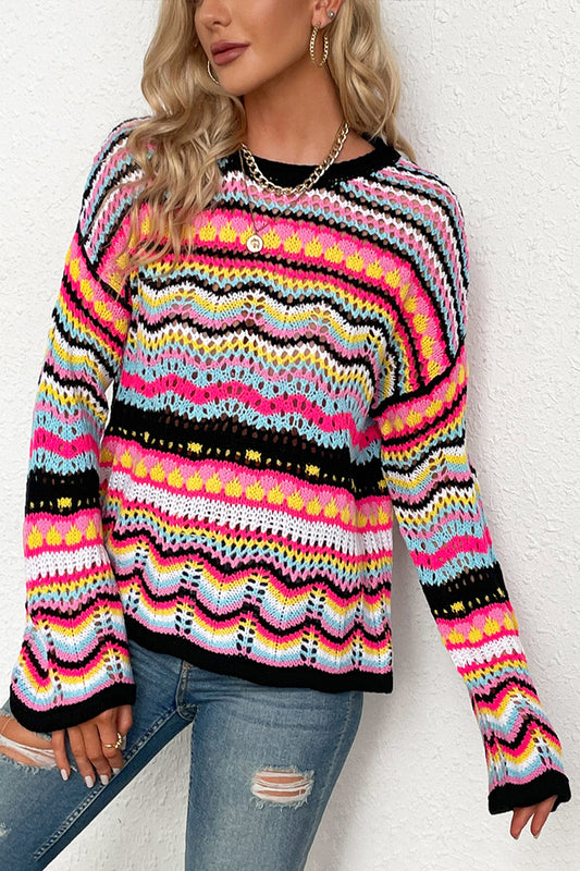 Boho Retro Rainbow Crochet Stripe Sweater
