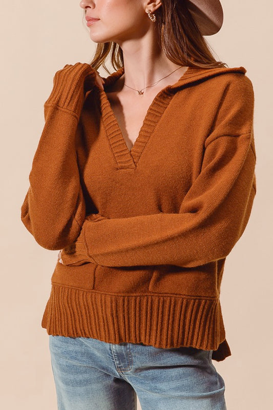Flap Collar V Neck Sweater Pullover With Pocket