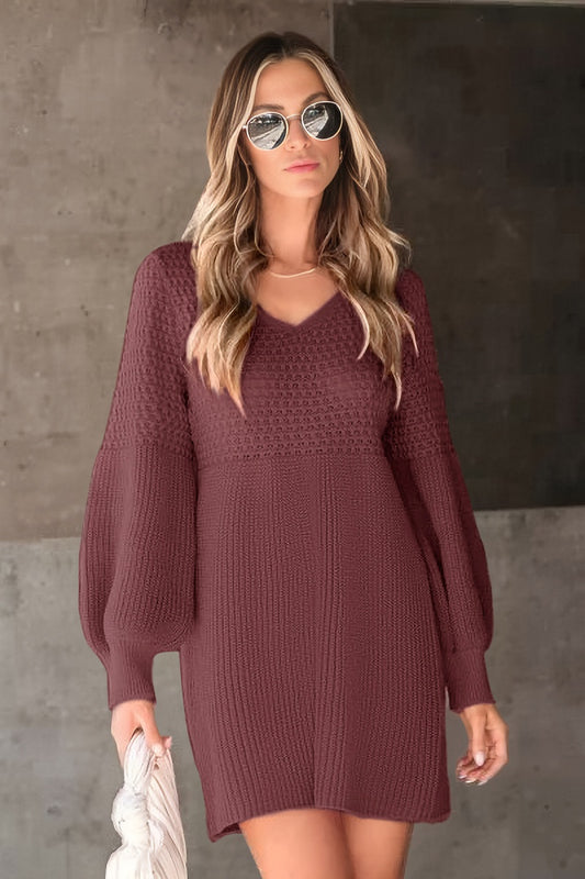 V Neck Long Sleeve Knit Sweater Dress with Balloon Sleeves