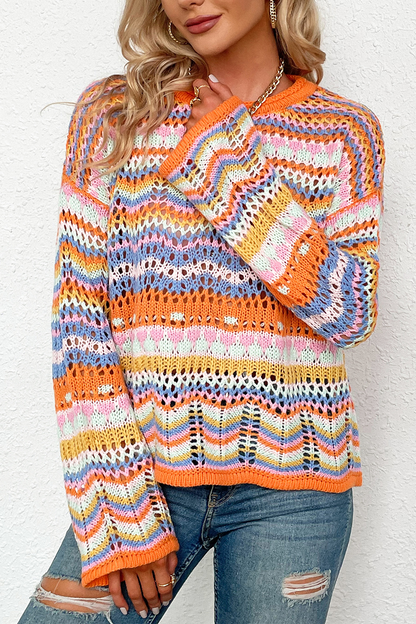 Boho Retro Rainbow Crochet Stripe Sweater