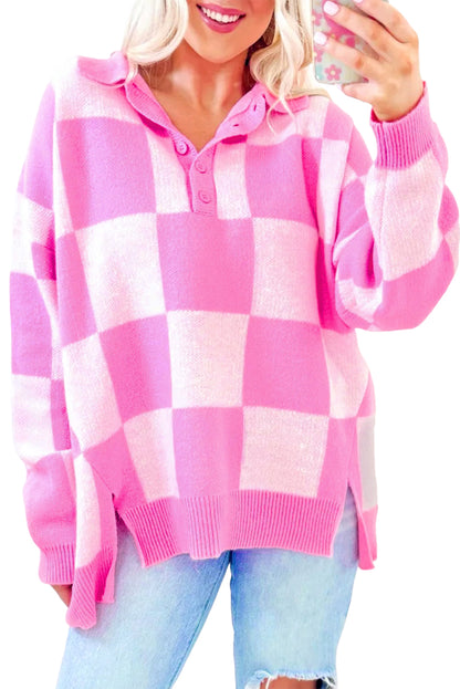 Checkerboard Half Button Collared Drop Shoulder Sweater