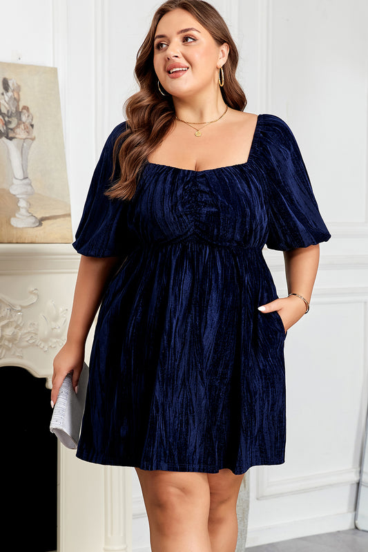 Velvet Ruched Bust Square Neck Puff Sleeve Plus Dress