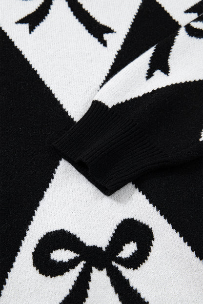 Bow Print Colorblock Rhombus Knit Sweater