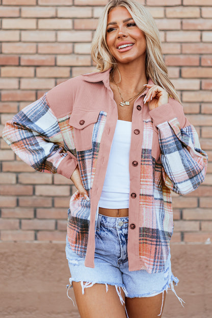 Plaid Corduroy Colorblock Shacket with Chest Pocket