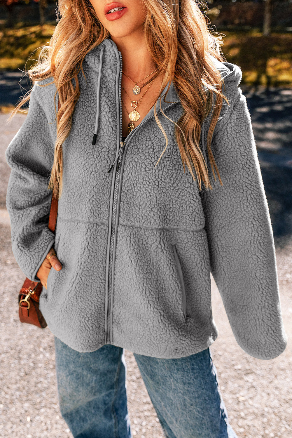 Pale Khaki Fleece Zip-Up Hooded Jacket with Drawstring