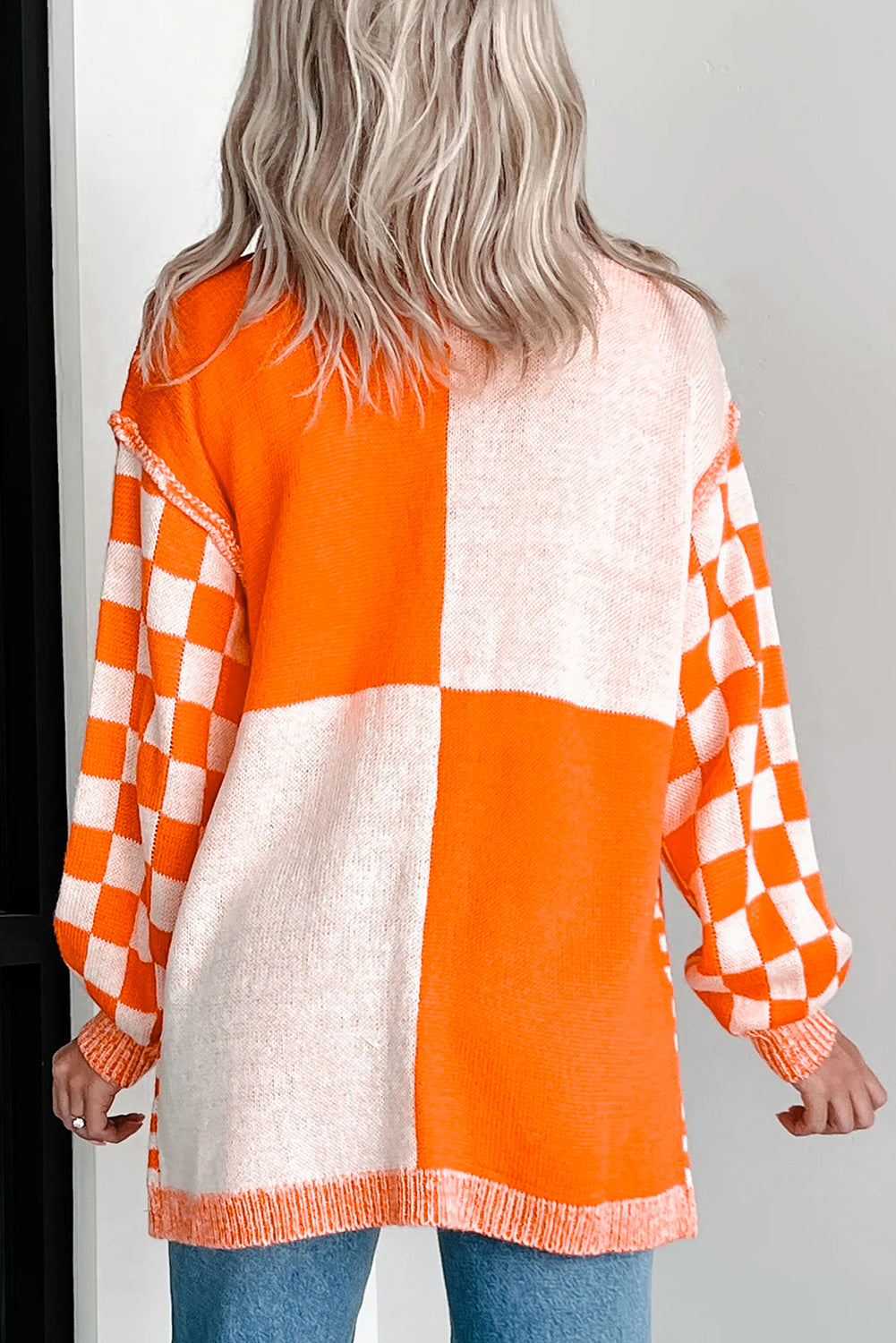 Checkered Bubble Sleeve Drop Shoulder Open Cardigan