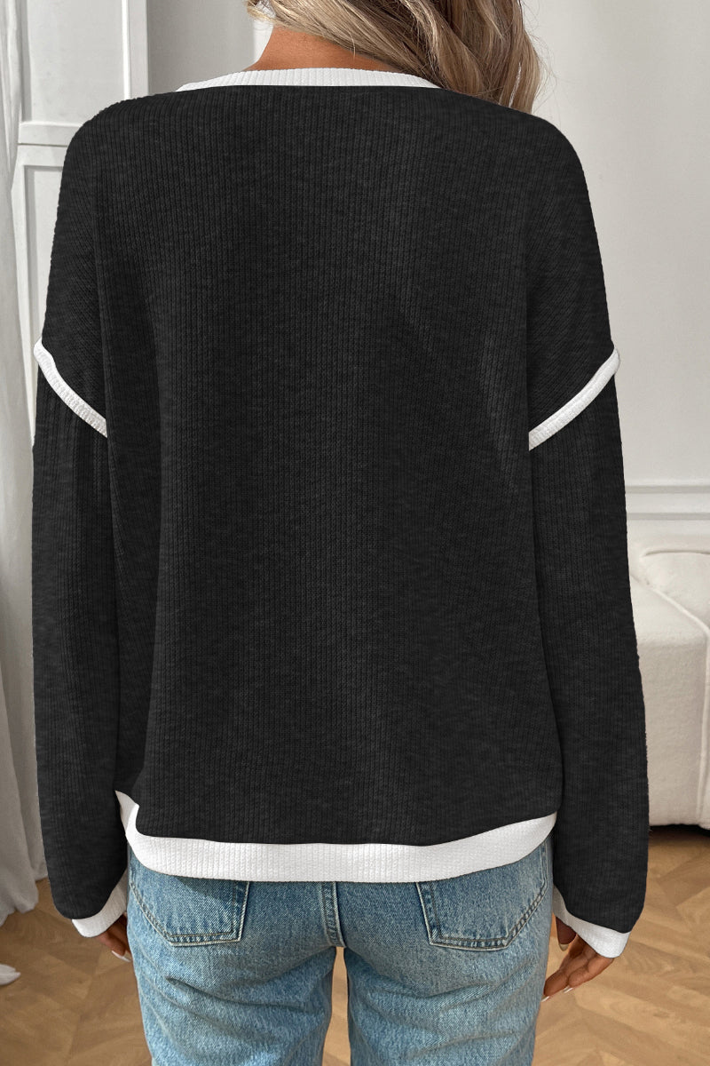 Colorblock Knit Look Crewneck Pullover Top