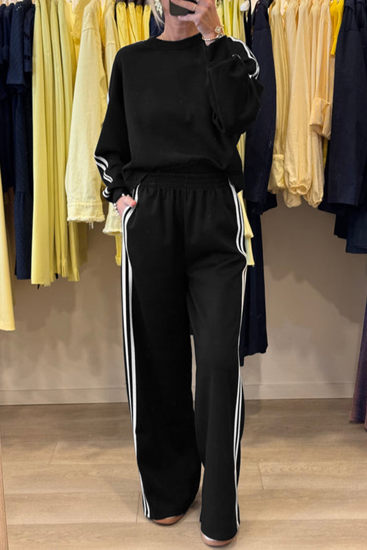 Varsity Striped Detail Crewneck Pullover Elastic Sweatpants 2pcs Outfit