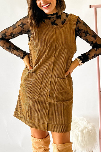 Corduroy Sleeveless Mini Dress With Patched Pockets