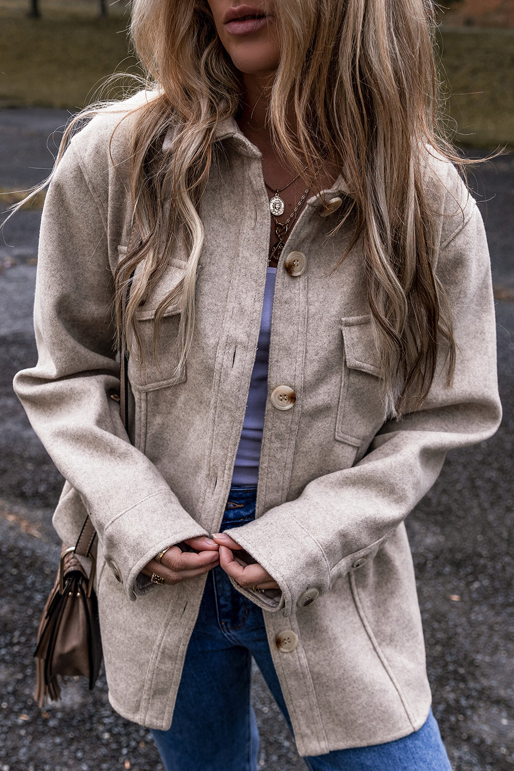 Light Grey Turn-Down Collar Buttoned Pockets Shacket