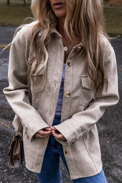 Light Grey Turn-Down Collar Buttoned Pockets Shacket