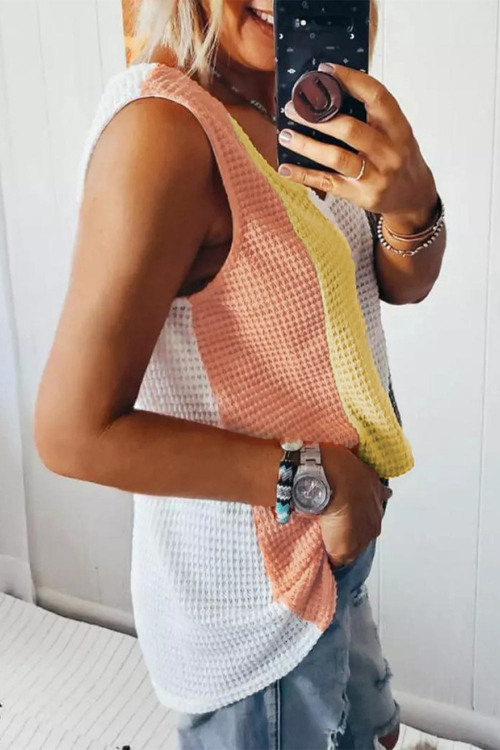 Multicolor Colorblocking V-Neck Waffle Knit Tank Top