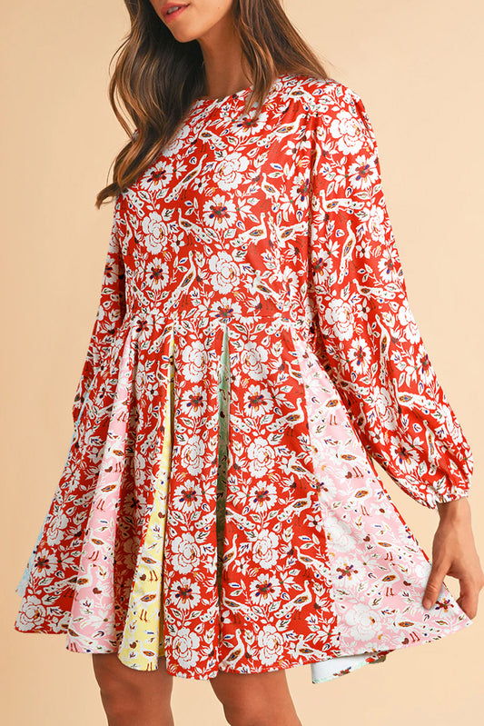 Colorful Floral Patchwork Pleated Mini Dress