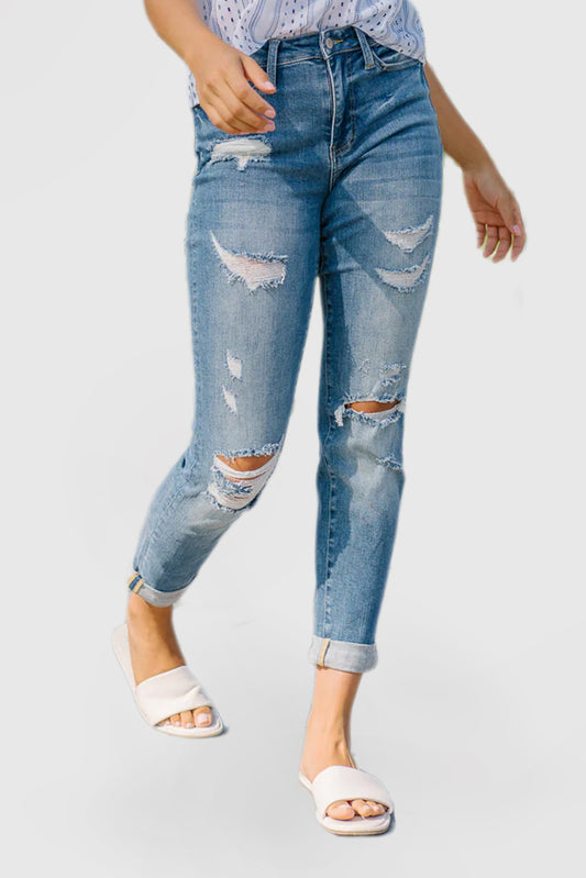 Women's High Waisted Cuffed Ripped Jeans