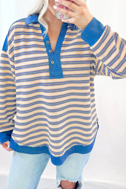 Buttoned V Neck Collared Drop Shoulder Top