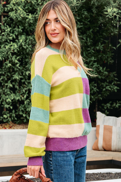 Colorblock Green Stripe Drop Shoulder Sweater
